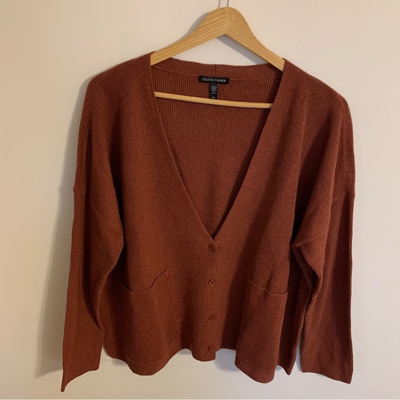 NEW Eileen Fisher Organic Cotton Linen V-Neck Cardigan in Red Plum, Size L - Picture 2 of 11